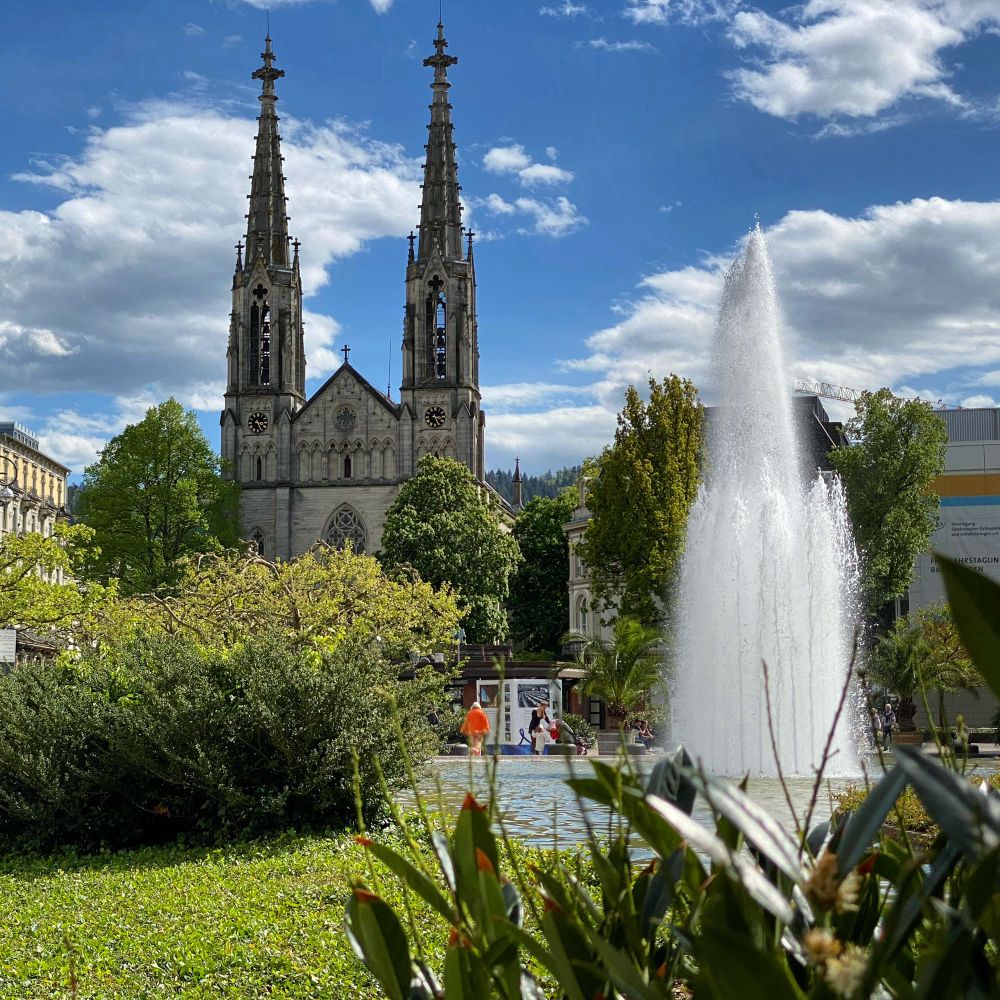 Evangelische Stadtkirche, Baden-Baden, with the Augustaplatz fountain in the foreground