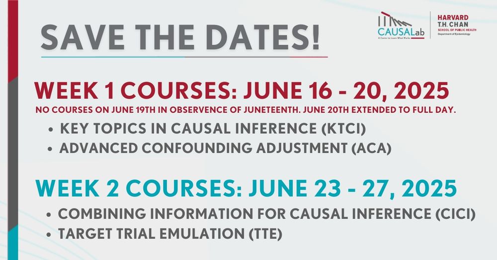 Save the Dates! CAUSALab Summer Courses on Causal Inference

Week 1 Courses: June 16-20, 2025
No courses on June 19th in observance of Juneteenth. June 20th extended to full day.

Week 2 Courses: June 23-27, 2025
