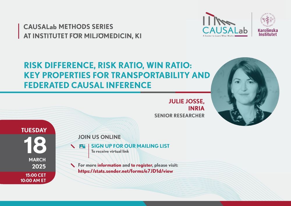 Julie Josse March 18 Methods Series talk, "Risk Difference, Risk Ratio, Win Ratio: Key Properties for Transportability and Federated Causal Inference."