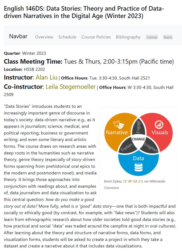 Screenshot of overview page of Alan Liu's undergrad course on "Data Stories," showing a course description illustrated with a Venn diagran with three intersectiing circles labeled "Narrative," "Data," and "Visuals."