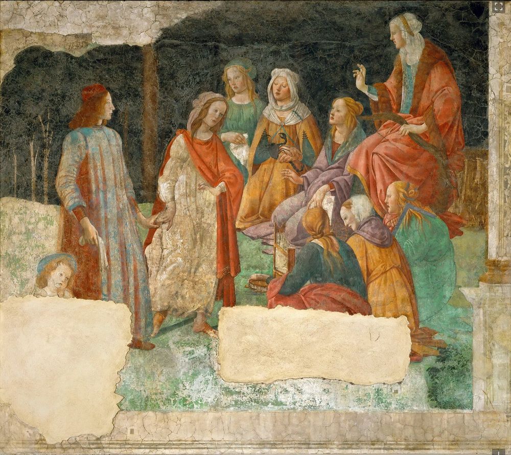Sandro Botticelli, A Young Man Being Introduced to the Seven Liberal Arts, 1483-1486 (fresco, detached and mounted on canvas). Public domain.

The fresco shows the figure of Grammar (one of the seven liberal arts) leading by the hand a “lord” (likely Lorenzo Tornabuoni of a Florentine banker family connected to the ruling House of Medici) into the semi-circle of the other seven liberal arts.