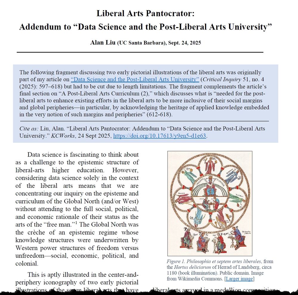Partial screenshot of first page of my "Liberal Arts Pantocrator" essay. The explanation at the top of the page reads:

"The following fragment discussing two early pictorial illustrations of the liberal arts was originally part of my article on “Data Science and the Post-Liberal Arts University” (Critical Inquiry 51, no. 4 (2025): 597–618) but had to be cut due to length limitations. The fragment complements the article’s final section on “A Post-Liberal Arts Curriculum (2),” which discusses what is “needed for the post-liberal arts to enhance existing efforts in the liberal arts to be more inclusive of their social margins and global peripheries—in particular, by acknowledging the heritage of applied knowledge embedded in the very notion of such margins and peripheries” (612-618)."
