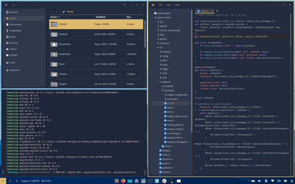 COSMIC desktop with a steel blue with.