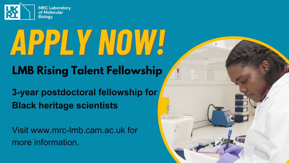 Apply now!
LMB Rising Talent Fellowship
3-year postdoctoral fellowship for Black heritage scientists
Visit www.mrc-lmb.cam.ac.uk for more information