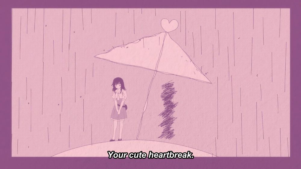 A screenshot from the Monogatari Series Off & Monster Season anime of Sengoku Nadeko. The subtitles read "Your cute heartbreak."