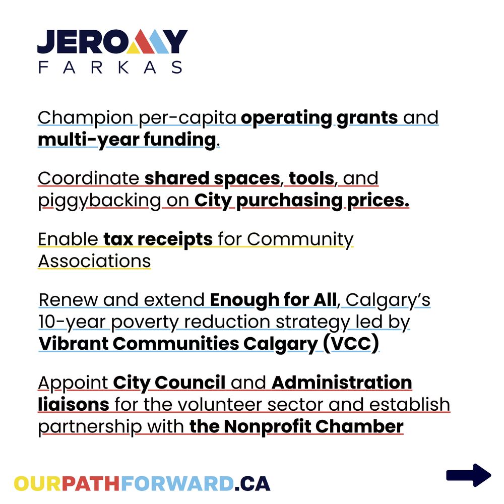 Champion per-capita operating grants and multi-year funding.
Coordinate shared spaces, tools, and piggybacking on City purchasing prices.
Enable tax receipts for Community Associations
Renew and extend Enough for All, Calgary’s 10-year poverty reduction strategy led by Vibrant Communities Calgary (VCC)
Appoint City Council and Administration liaisons for the volunteer sector and establish partnership with the Nonprofit Chamber
Visit the complete Policy Brief for my 10 commitments to lift up Calgary’s community leaders, so we are all Stronger Together.