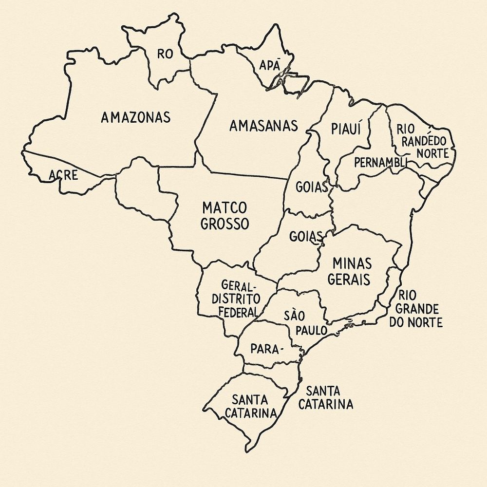 Prompt: Desenhe um mapa dp Brasil, com nomes nos estados. Um mapa desenhado, sabe, com linhas de fronteiras e tudo mais


