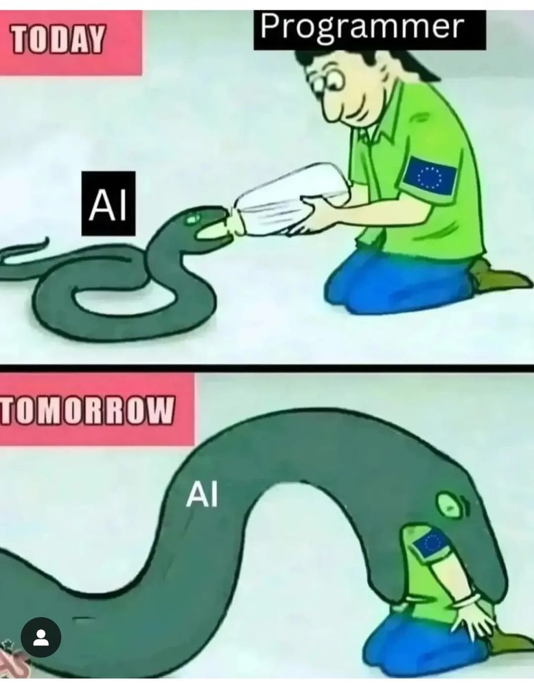 Today: programmer feeding the AI (a snake)
Tomorrow: the snake eats the programmer