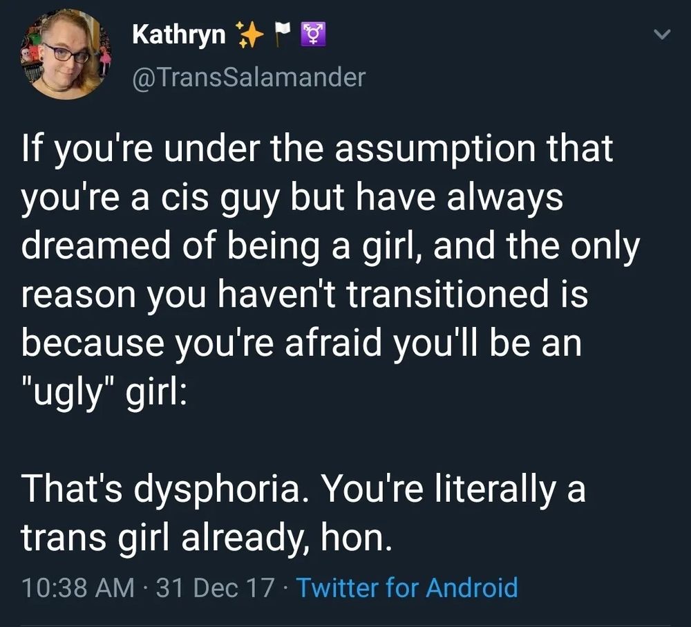The tweet by @TransSalamander, saying: 

"If you're under the assumption that you're a cis guy, but have always dreamed of being a girl, and the only reason you haven't transitioned is because you'll be an "ugly" girl:

That's dysphoria. You're literally a trans girl already, hon."