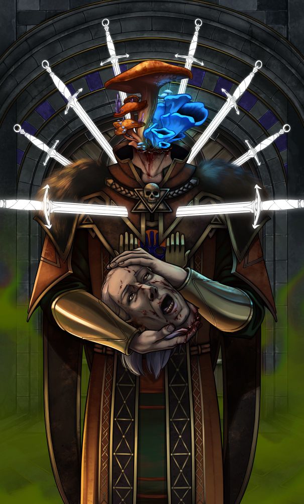 Digital art. A portrait of True Soul Nere from Baldur's Gate 3 in the format of a tarot card. He is headless, glowing fungi sprouting from his bloody neck. In his arms he holds the disembodied head, mouth agape in an expression of pain. A green fog emanates from the floor, and he is pierced by eight luminous swords. 