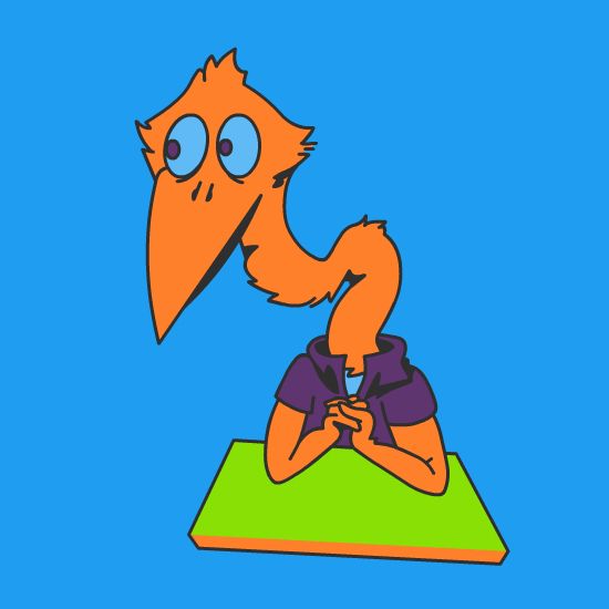 A bird thing with human arms, seated at a rectangle.