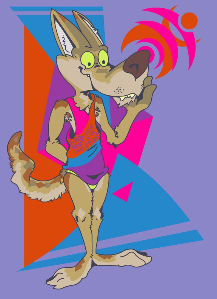 A front-heavy coyote man with argyle features wearing a shirt reading "Follow your heart to the places of Froot".