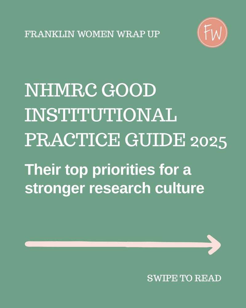 Green background with Franklin Women logo and heading “Franklin Women Wrap Up. NHMRC Good Institutional Practice Guide 2025. Top priorities for a stronger research culture. Swipe to read.