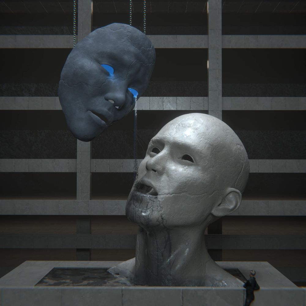 ALT text: A surreal digital artwork featuring two massive, cracked humanoid heads made of stone. One head, pale and expressionless, emerges from a pool at the base, gazing upward with a hollow, open mouth. Above it, a dark, mask-like face with glowing blue eyes is suspended by chains, tilted downward and appearing to weep glowing blue fluid into the mouth of the head below. The scene is set in a dim, industrial-like space with grid-like concrete walls. A small human figure in the corner emphasizes the immense scale of the statues.