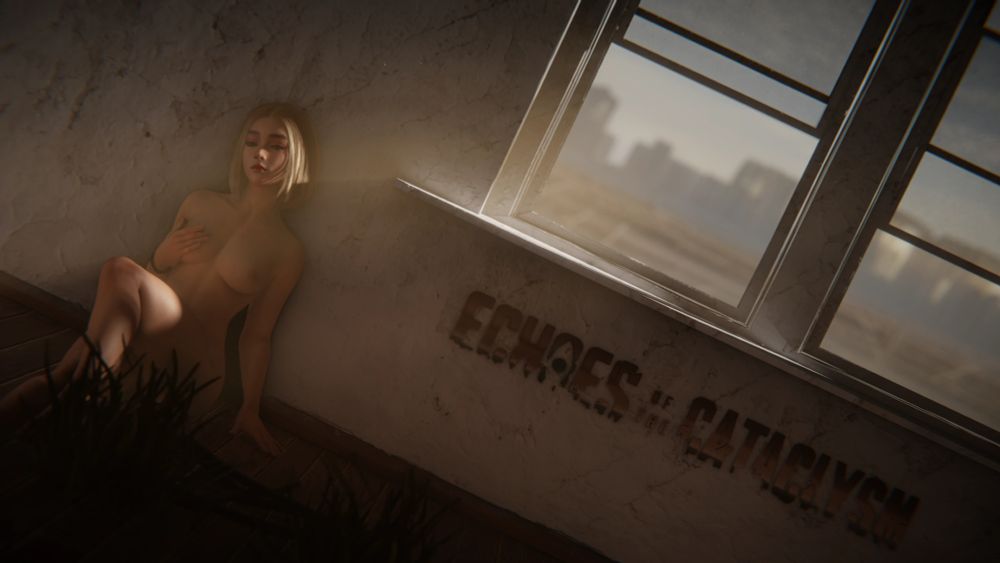 A person with shoulder-length blonde hair sits crouched in a dimly lit, weathered interior space. They're positioned near a large multi-paned window that lets in natural light, creating dramatic shadows on the textured walls. The room appears to be in a state of disrepair, with worn surfaces and what looks like faded text or markings on the wall behind them that reads: "Echoes of The Cataclysm". The female is nude, sitting against the wall. The overall atmosphere is moody and atmospheric, with warm, muted lighting.