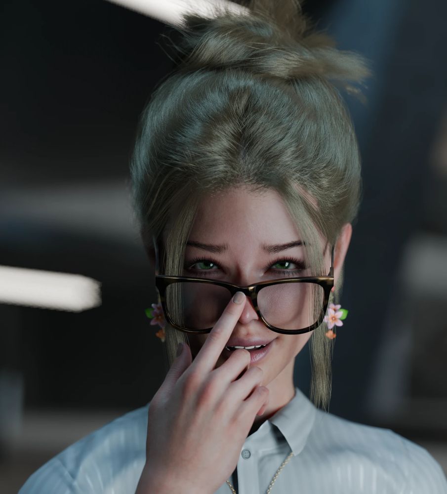 A close-up portrait of a person with light green hair styled in a top bun. They're adjusting their dark-framed glasses with one finger while giving a slight smile. The individual is wearing a light blue button-up shirt and floral earrings against a dark, blurred background.