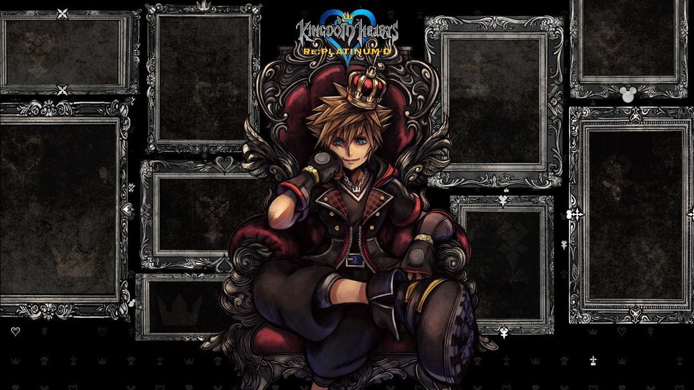 The words 'Kingdom Hearts RePlatinum'd' hang over a boy wearing a zip up short-sleeved jacket, black shorts, oversized shoes, and a crown (Sora, the protagonist of Kingdom Hearts) while he sits on a throne in front of a series of empty portraits