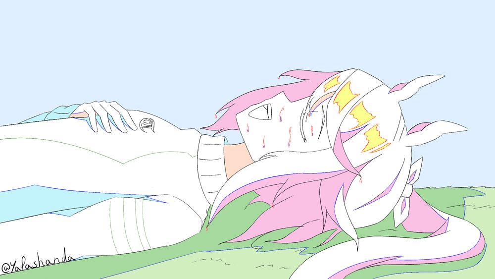 Tokai Teio laying on grass, sweating after training, with her hair going to the side
