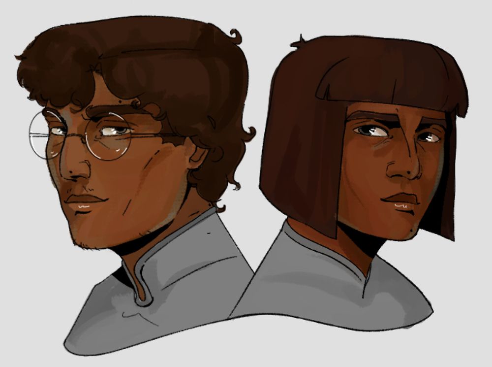 Digital art of Palamedes Sextus and Camilla Hect from The Locked Tomb Series, specifically how they’re presented in Gideon the Ninth.