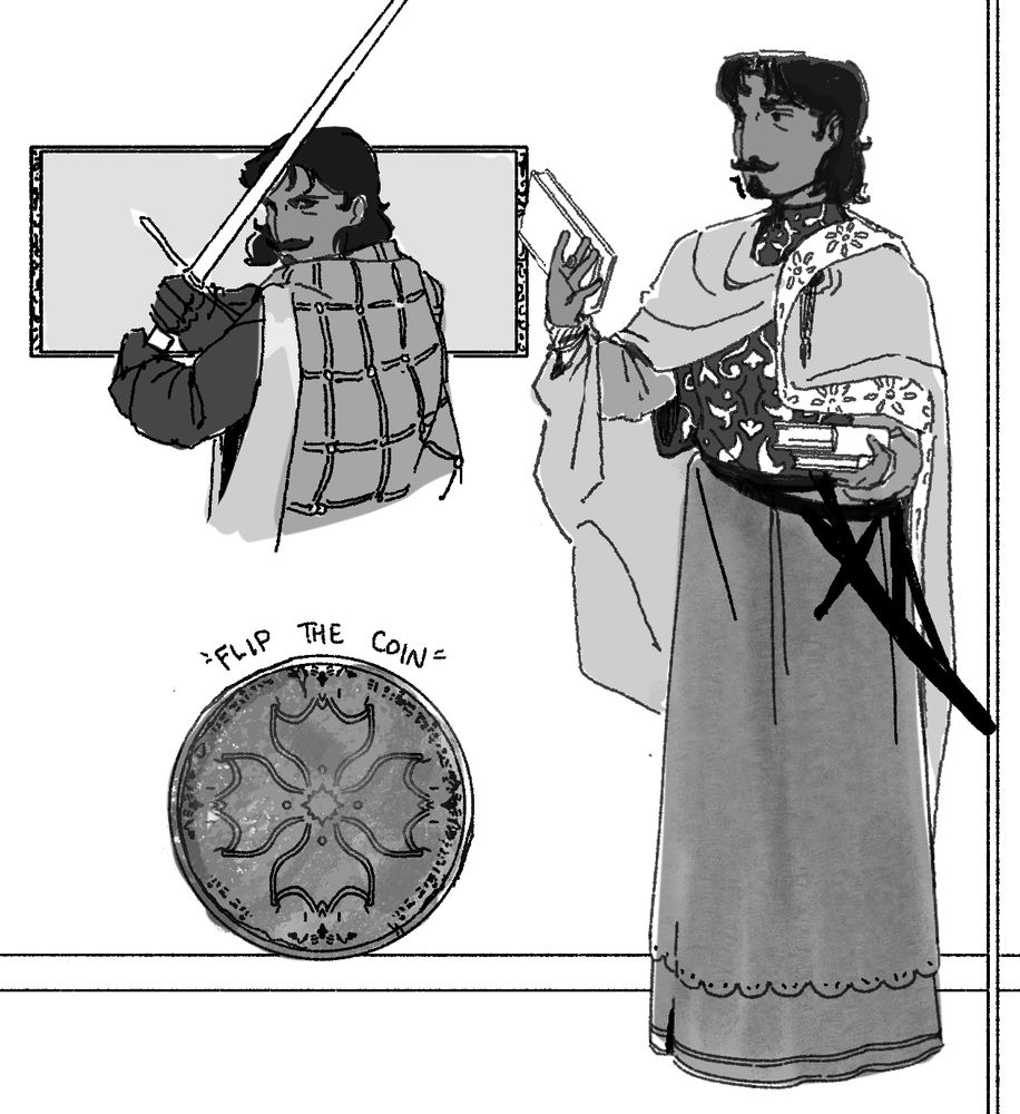 Digital Sketches of Lord Evrard from season 5 of Malevolent. He’s depicted as a slightly older man, one drawing of him with his sword at the ready, another of him grabbing books. And a drawing of an old coin, illegible script circulating the inside with a small design inscribed in it.