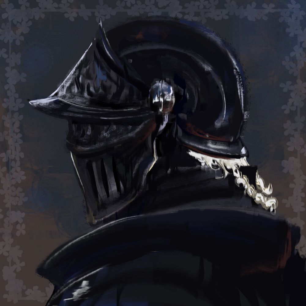A digital sketch of the knight Sir Roderick Vale from Season 5 of the Malevolent Podcast. He’s depicted in black armor, obscuring his face, two smile white braids fall out of the back of his helmet. Clovers decorate the border around him.