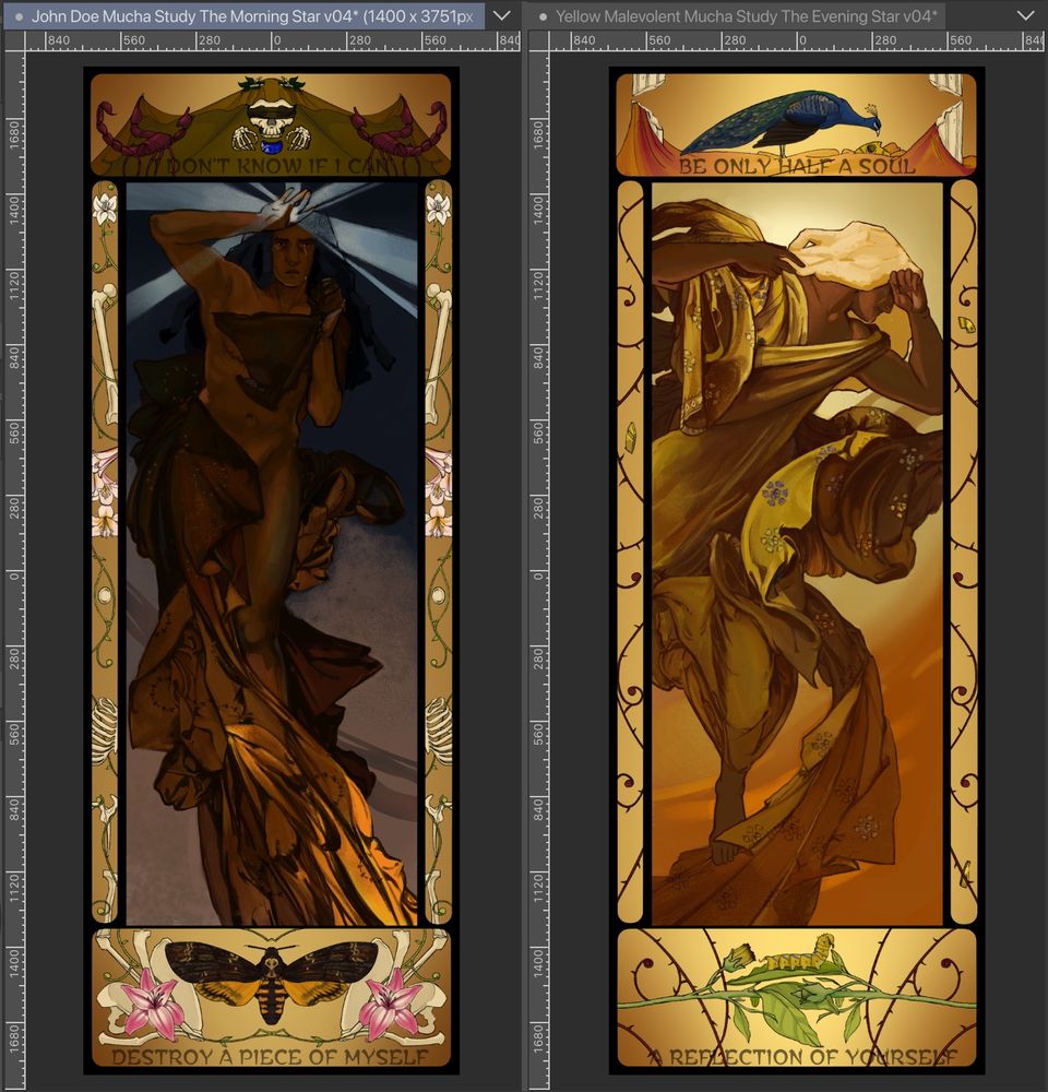 Digital studies of The Morning Star and The Evening Star by Alphonse Mucha. The subjects replaced by John Doe and Yellow from the Malevolent Podcast. They’re depicted as dark skinned masculine people, flowing cloth wrapping around their bodies, tears in their eyes and stars in their hands. John faces the audience with an unwavering gaze and Yellow’s face is turned away from the audience, covered slightly by his left hand. The decorative frames around them hint at their character arcs within the podcast. John’s is framed with lilies and bones, a skull (his partners, Arthur Lester) is at the top of the frame. Sided by two scorpions covering him in a cloth. Arthur’s skull has no lower jaw, but instead has John’s birthstone. The same birthstone can be seen in Yellow’s frame, stuck in a broken crown. Yellow’s frame is decorated with thorns and pieces of crown. The bottom of both frames showcase a different stages of a Death’s-head hawk moth.