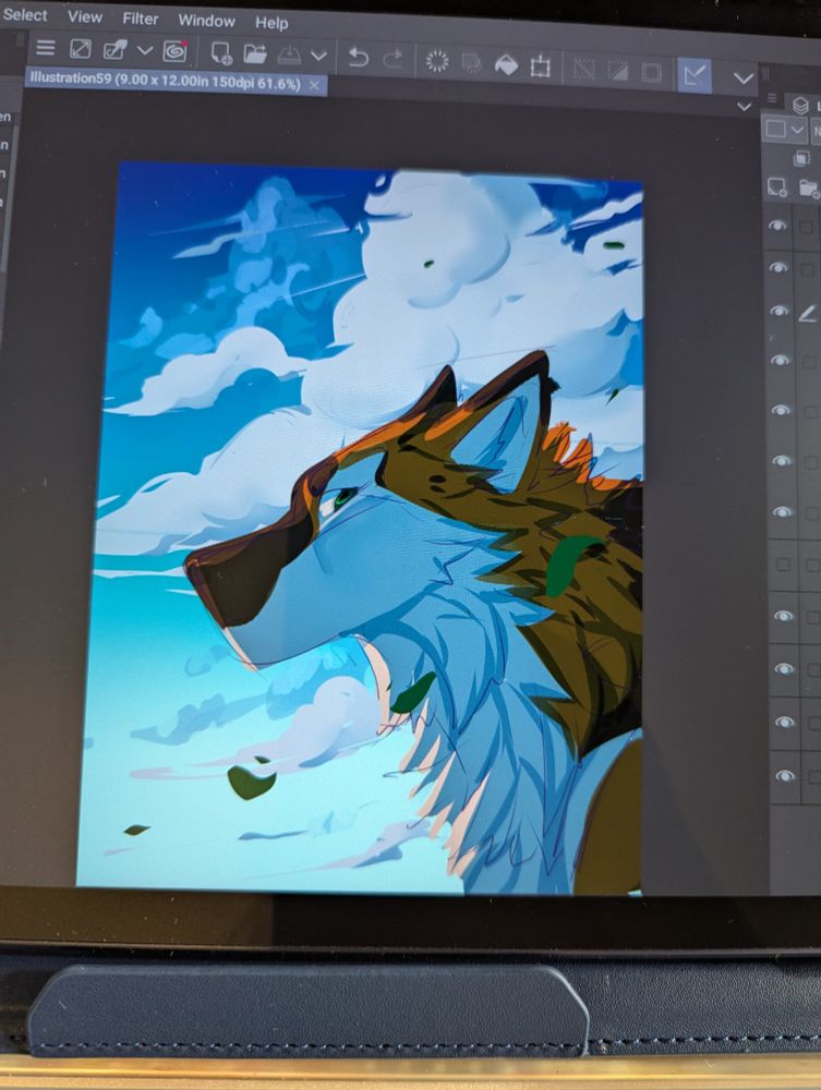 A wip oicture of a canine in side view looking at the viewer  with a blue sky and leaves in the background 