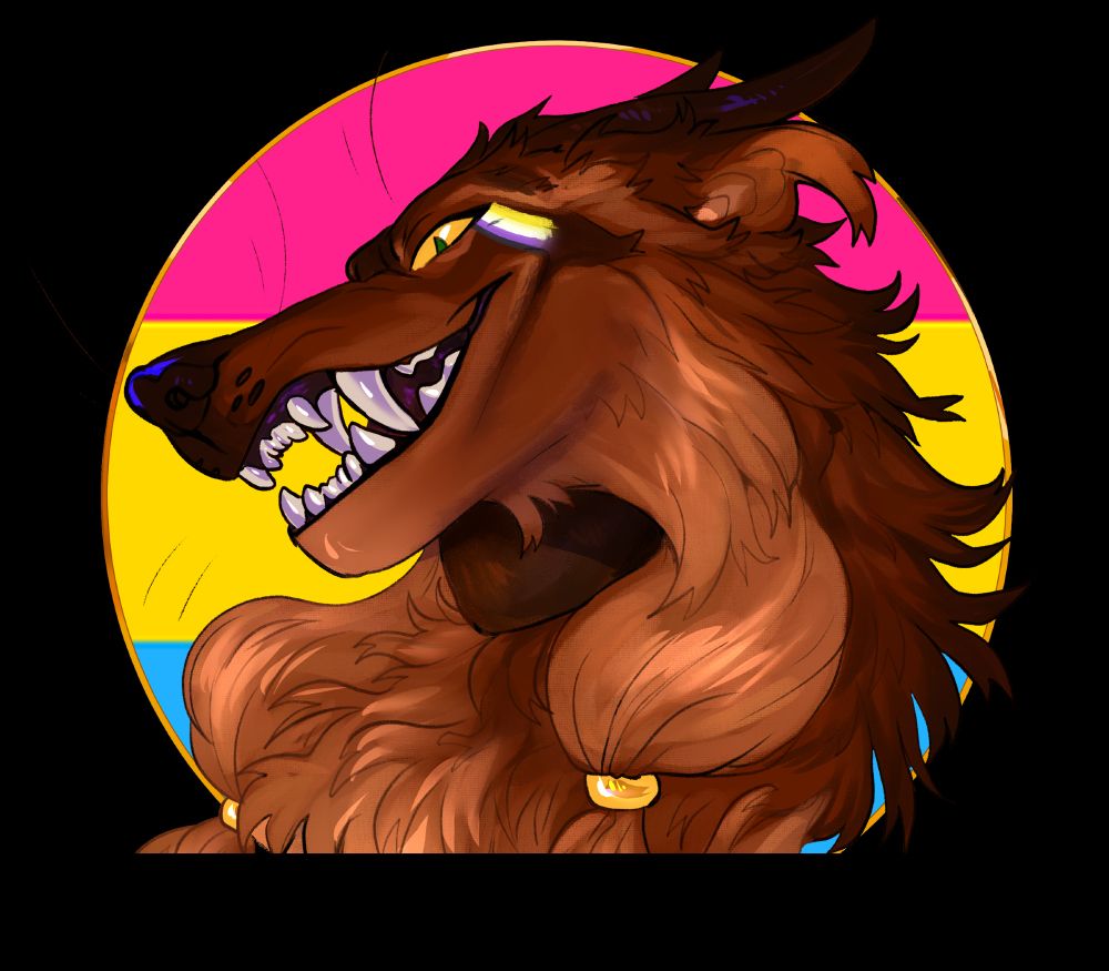 My sona lotta the borzoi dragon baring her fangs while smiling the non binary flag is painted on her cheek with the pansexual flag in the background 