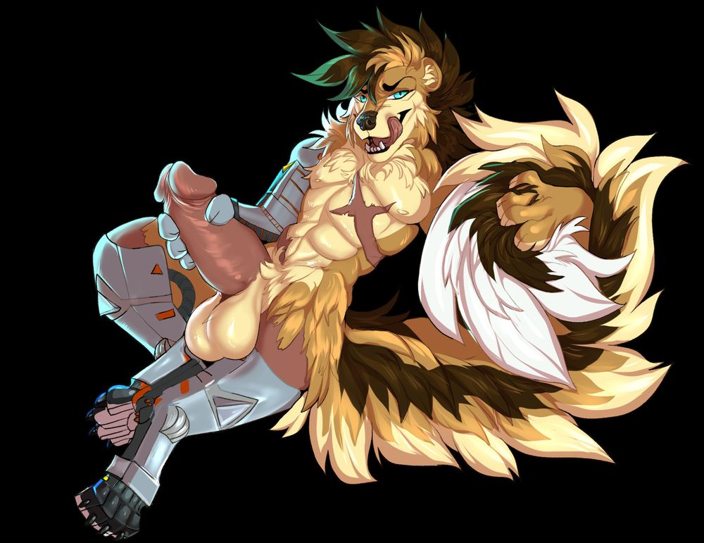 An anthro skunk sitting back licking his lips with his metallic paw grasping his cock while the other rests in his tail 