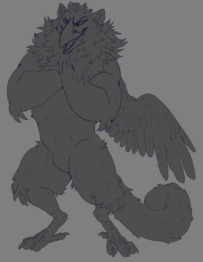 Wip of a Buff Griffin with his arms crossed staring down at the viewer