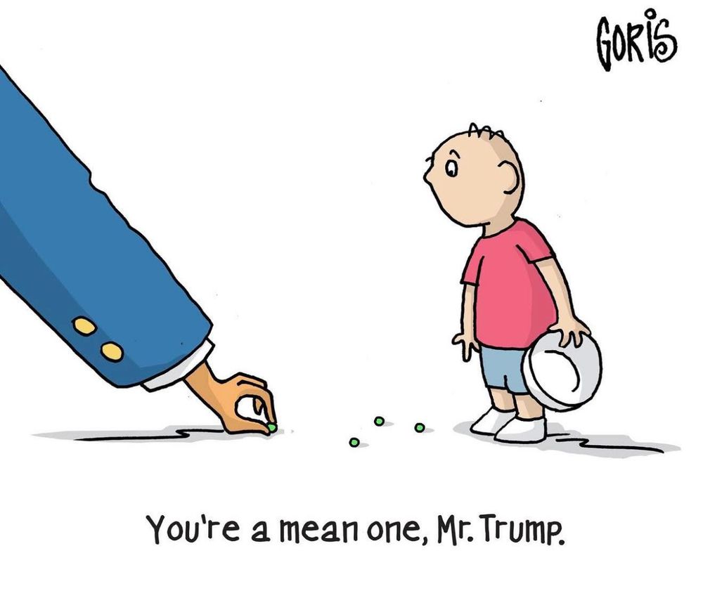 Trump picking up some of the spilled food taking it from a child with an empty food bowl.