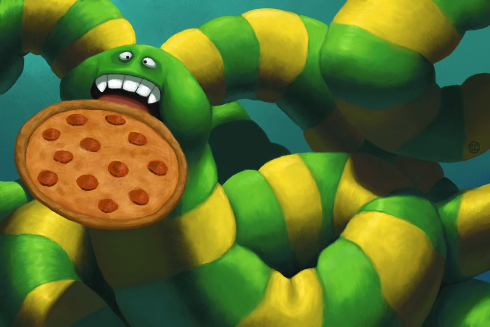 The giant green and yellow worm from the DOS game Pizza Worm eating a pepperoni pizza