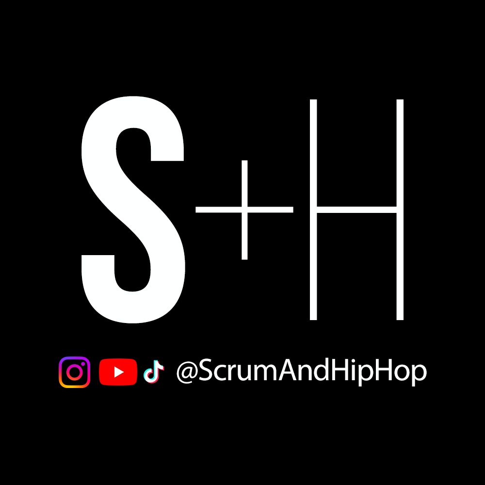The letters S and H with the handle @ScrumAndHipHop underneath. Social media icons for Instagram, YouTube, and TikTok are left of the handle. This is the logo for the Scrum + Hip Hop channel.