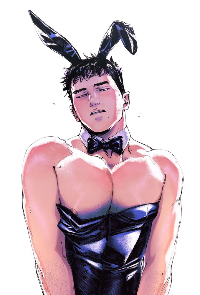 Ilya in a dark playboy bunny outfit. The suit's been pulled down to reveal one nipple and his arms are pushed forward to squish his chest together, though his hands are offscreen. He looks downward, flushed and with some embarrassment over everything. What exactly he's doing offscreen is up to your imagination.
