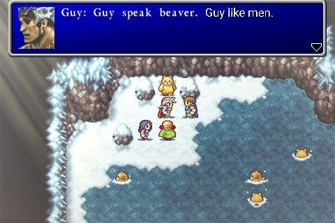 Screenshot of Final Fantasy II, where Guy speaks beaver and he likes men.