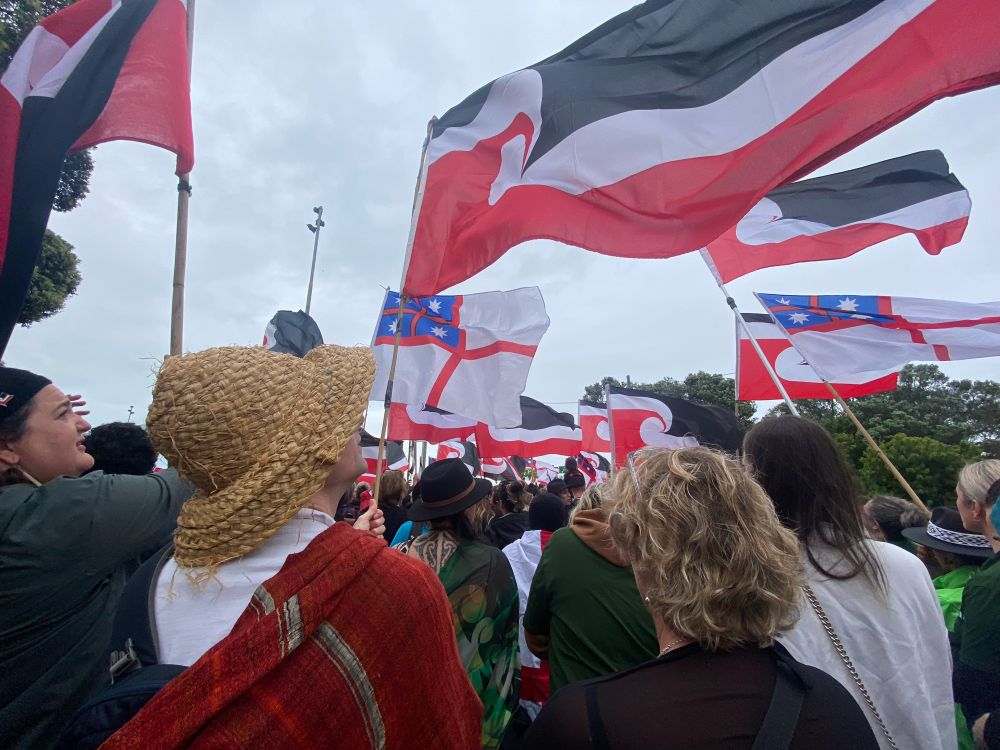 A crowd holds Tino Rangatiratanga and United Tribes flags. Waiting to cross Auckland Harbour Bridge. 