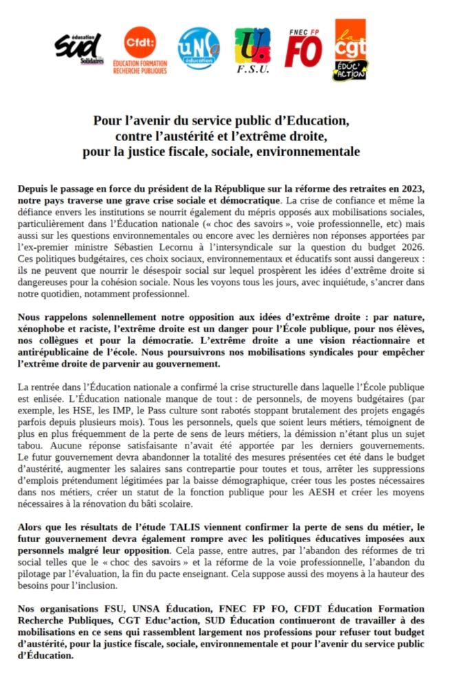 Le  ommuniqué https://www.sudeducation.org/communiques/declaration-intersyndicale-pour-lavenir-du-service-public-deducation-contre-lausterite-et-lextreme-droite-pour-la-justice-fiscale-sociale-environnementale/