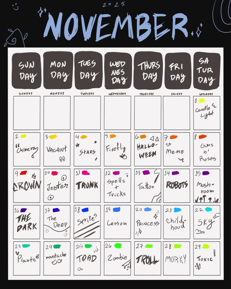 A calendar of november with colors and prompts for drawings for each day.