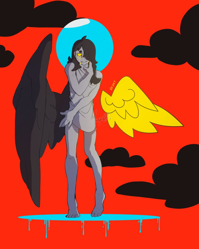 Art of a kid with only one wing, another crudely drawn on its left with a red sky behind it, except over her head and under her feet, where it drips blue.