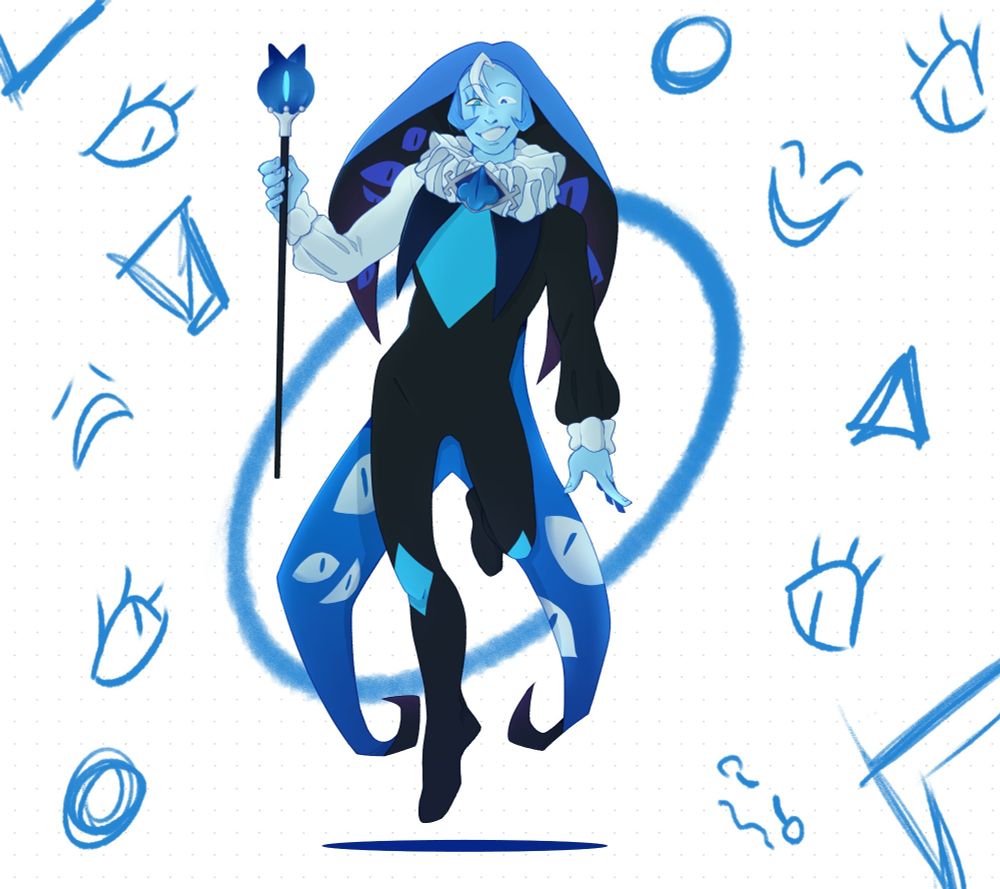 The drawing shows shadow milk cookie, from Cookie Run: Kingdom, surrounded by sketches of eyes, smiles and shapes. 