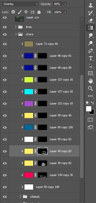 a screencap of my current adjustment layer list in photoshop, showing everything I described in the thread up until this point