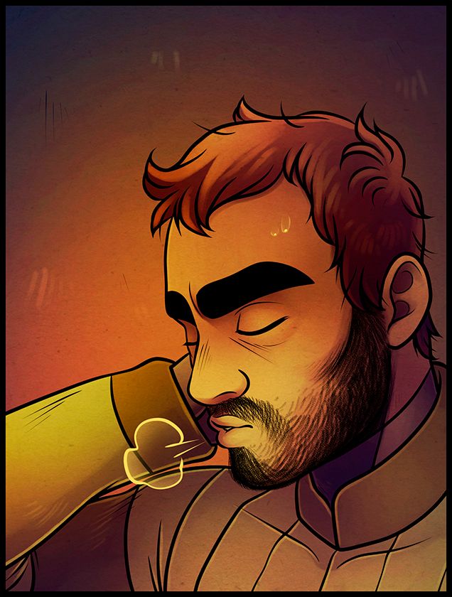 An illustration of Max, from the webcomic The End. Max is a brown-skinned man with a short beard, wearing a green sweater. He's sighing in relief because he (wrongly) believes that he has prevented an argument between his dining companions. I have always really liked this panel, and fixing it up made me like it even more. 
