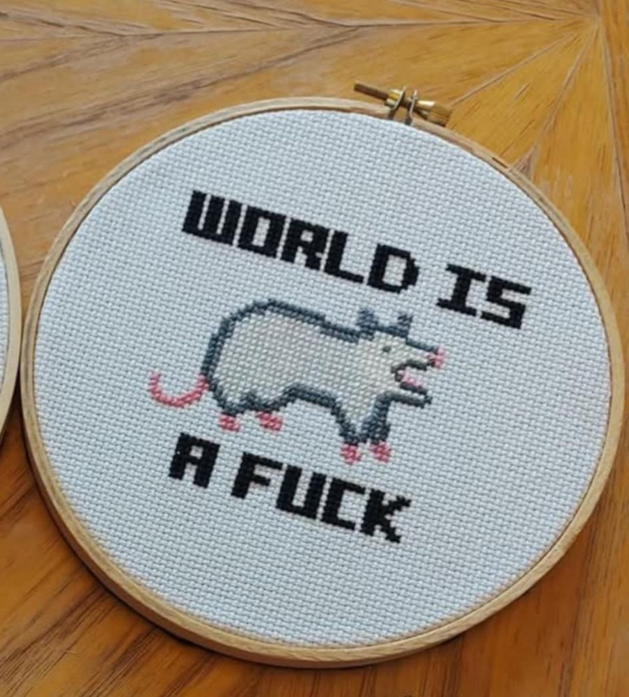 Picture shows a small cross stitch art piece. It is round, about 6 inches across, and features a grey and white possum with its mouth open showing a pink tongue. The words read "world is a fuck"