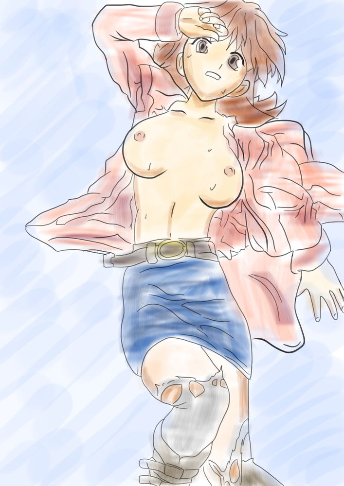 Manga style drawing of a girl with reddish brown hair in a blue short skirt, her top and jacket wide open exposing her breasts