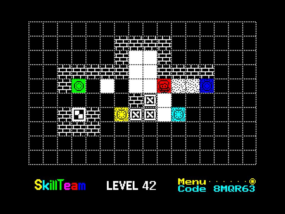 A screenshot of Skill Team on the ZX Spectrum. An overhead tile-based view of a room with boxes to push, holes to fall down and coloured powers to take advantage of. 