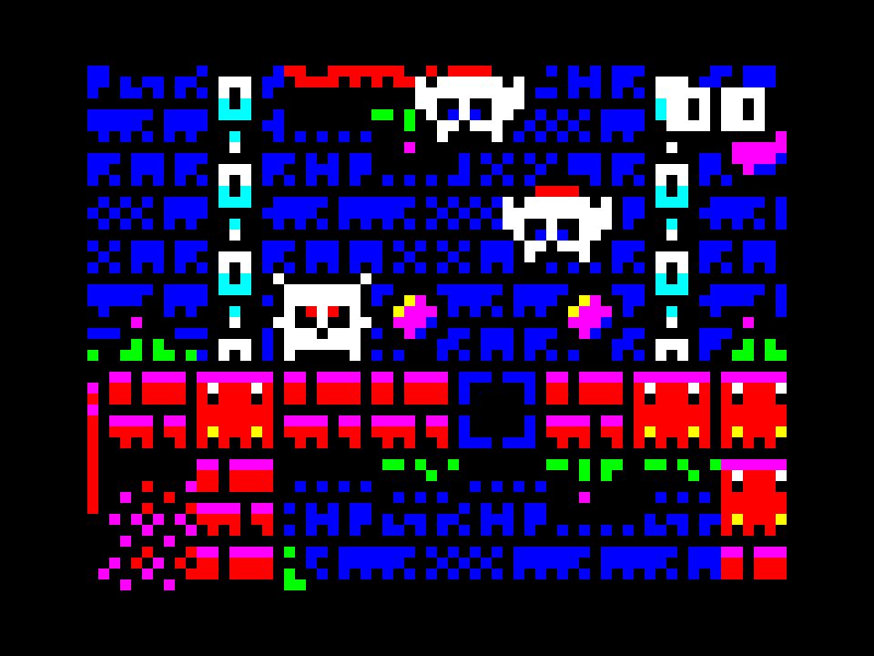 Big chunky sprites and bold colours in this screenshot of Plyuk on the ZX Spectrum. Our hero pauses on a ledge while two flying weirdoes approach overhead.