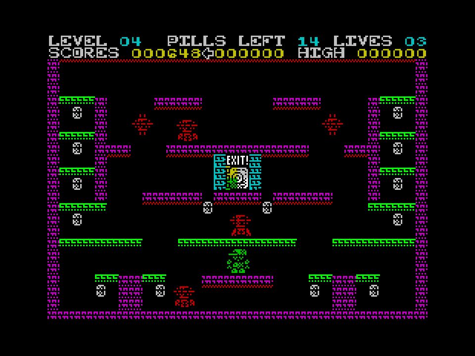 A screenshot of Throbbin' Headache DX on the ZX spectrum. It's a platformer, with our baseball cap wearing hero Robbie in green with deadly robots all around. There are also a surely fatal dose of 14 headache tablets scattered about, which Robbie must collect. Don't try this one at home, kids. Always read the label. 