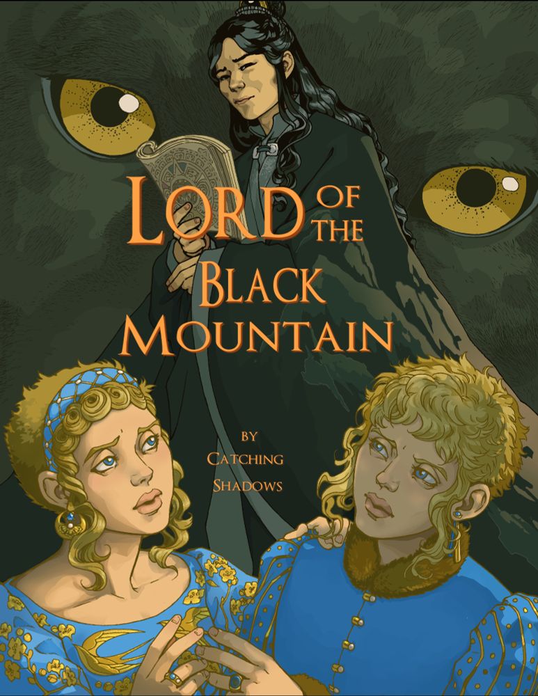 Background are two huge golden eyes, and a dappling that suggests a jaguar or a leopard. Three figures are standing in a triangle. The person at the peak is a man with a dark complexion and black, wavy hair. He is wearing cross folded  robes and a black cloak with the images of mountains on them. In the foreground are a young man and a young woman who seem extremely wary of the figure in black, while the third figure looks back with a friendly baffled-professor manner cut with and equal amount of uncertainty.