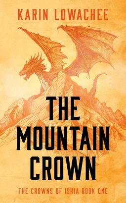 Cover is gold/orange. The background features a dragon with wings raised, sitting behind a large rock formation. The title is in black. Author title and the series title are in orange.