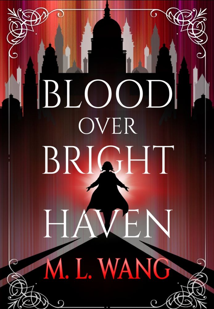 Red, black and white colors. There's a stylized city in black red and gray in the background. Before the city is a glowing figure who is casting a shadow into the fore ground. The title is white, in and all caps font. The corners are decorated by a lacy design.